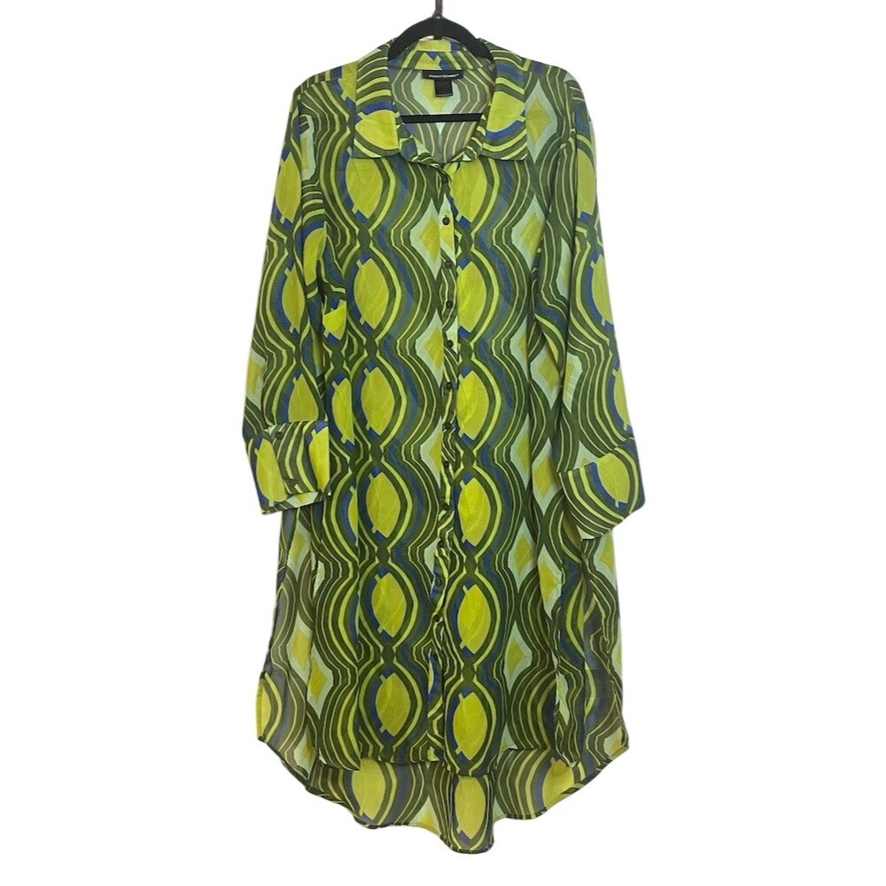Boho Geometric Green Semi Sheer Shirt Dress Tunic 22/24 Summer Vacation Beach